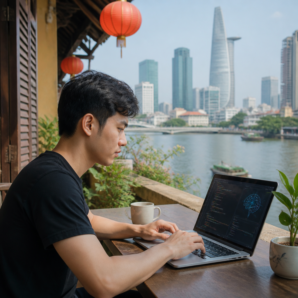 Người đang học AI trên máy tính xách tay với mã code