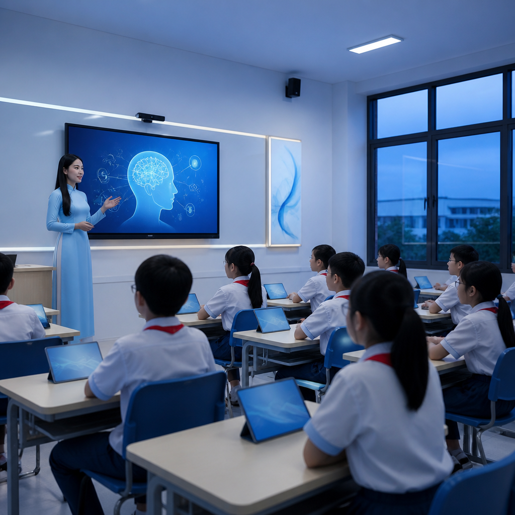 Học sinh tương tác với hệ thống AI trong lớp học hiện đại, minh họa cho ai trong giáo dục 2026