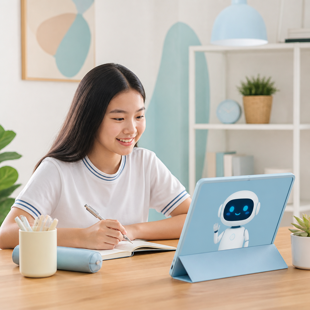Học sinh sử dụng máy tính bảng để học cùng gia sư AI ảo, tượng trưng cho học tập cá nhân hóa