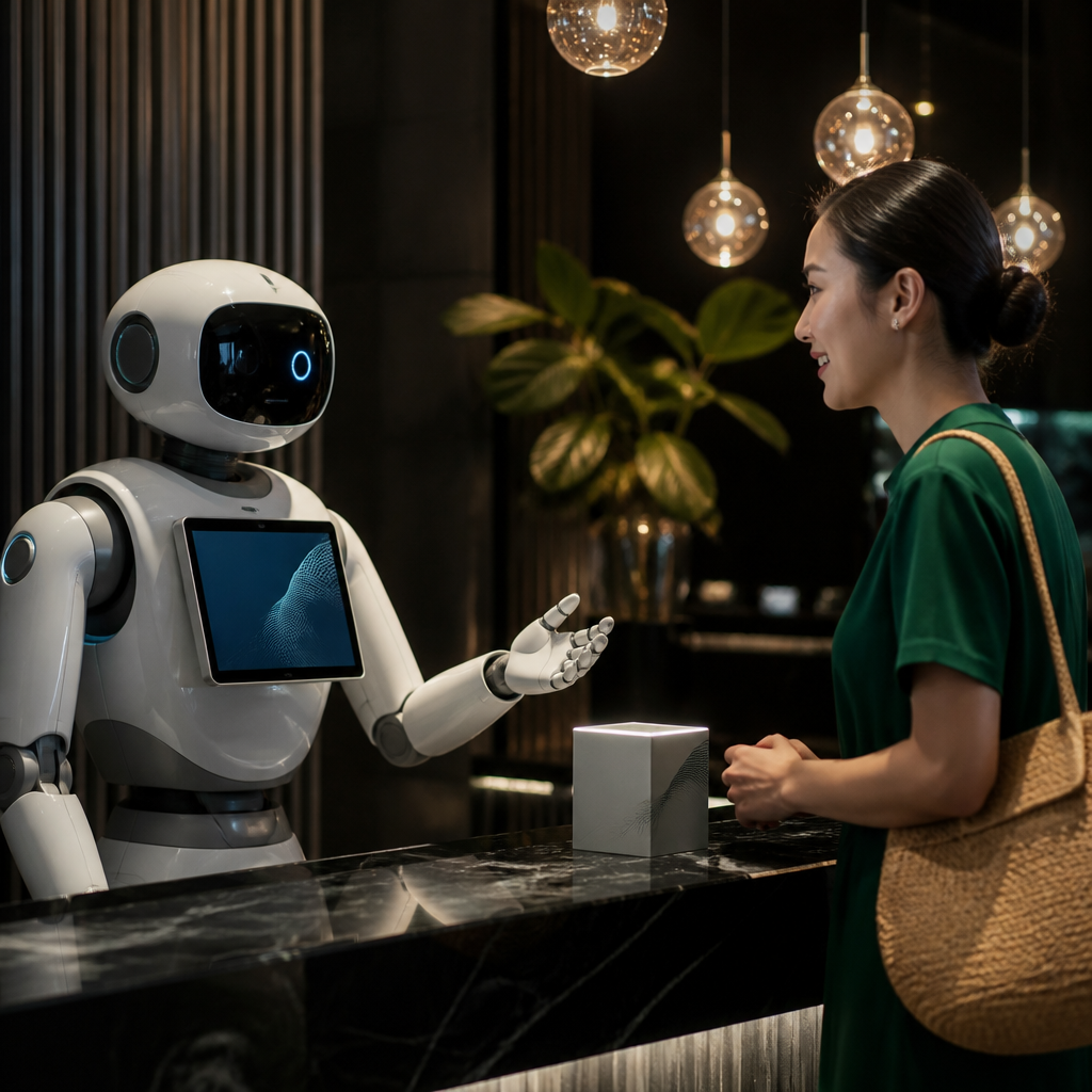 Con người tương tác với robot AI trong môi trường văn phòng hiện đại, thể hiện sự ứng dụng của trí tuệ nhân tạo.