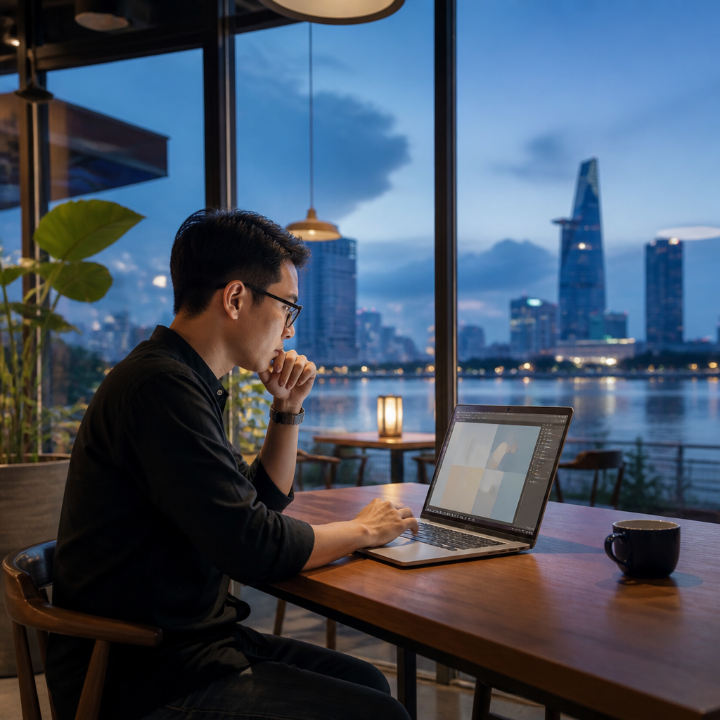 Nữ thiết kế đồ họa đang làm việc trên MacBook Pro M3 Max
