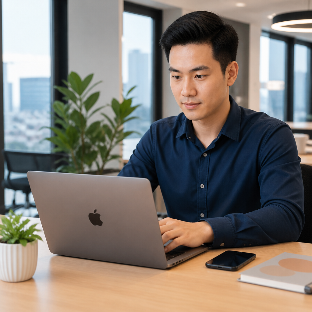 Người dùng làm việc hiệu quả với MacBook Air M3 tại quán cà phê