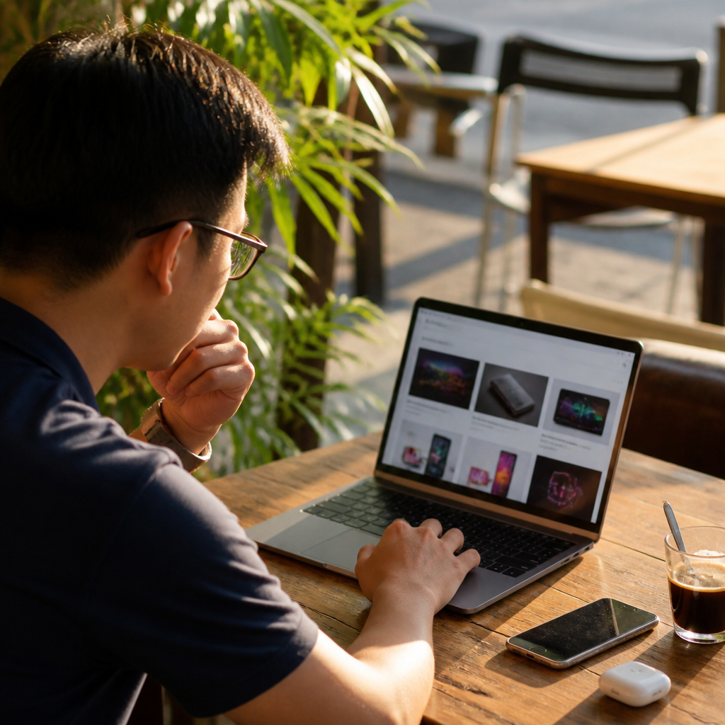 Một người đang xác minh tin tức công nghệ trên máy tính xách tay