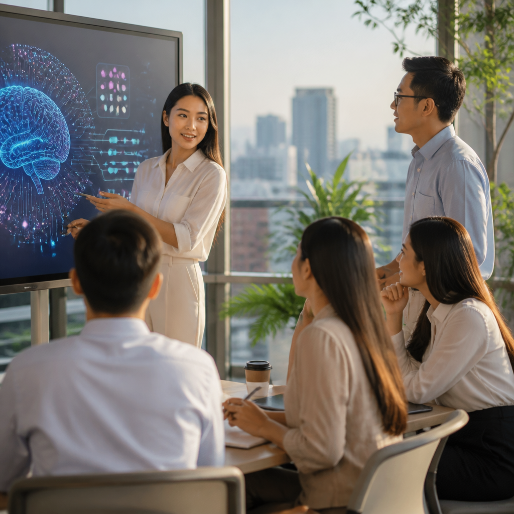 Nhóm người đang thảo luận về ứng dụng AI tạo sinh trong môi trường văn phòng hiện đại